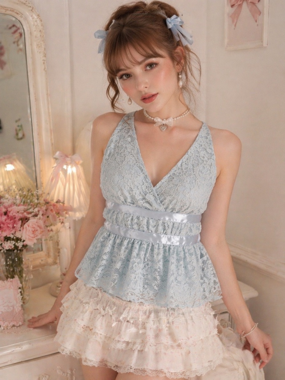 Moda International Light Blue Lace Babydoll Top - Small feminine coquette fairy
